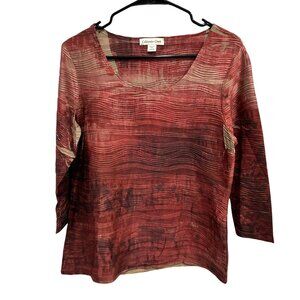 Coldwater Creek Red-Patterned Sheer Small 3/4 Sleeve Top Office Fall Casual